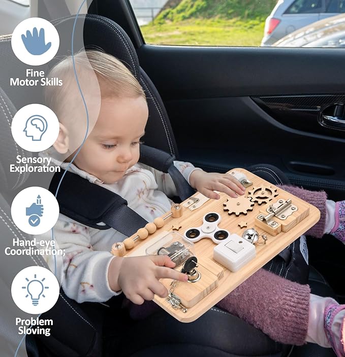 Montessori Wooden Busy Board - Sensory Toys for Toddlers Fine Motor Skills - Activity Board Toys for Kids - Educational Fidget Travel Toys for Baby Boy & Girl - Birthday Gifts for Autism & ADHD