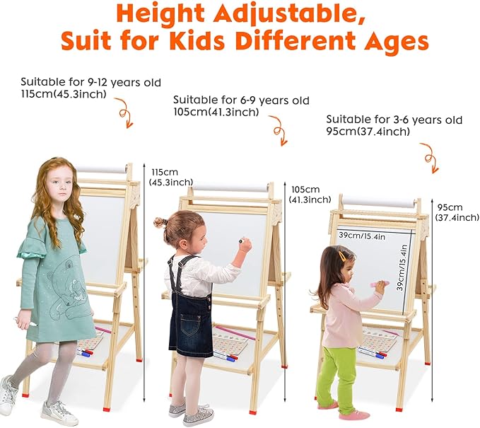 Kids Easel Wooden Art Easel Adjustable Standing Easel Double-Sided Drawing Easel with Paper Roll Chalkboard & Whiteboard for Kids Toddlers Birthday Holiday Gifts.