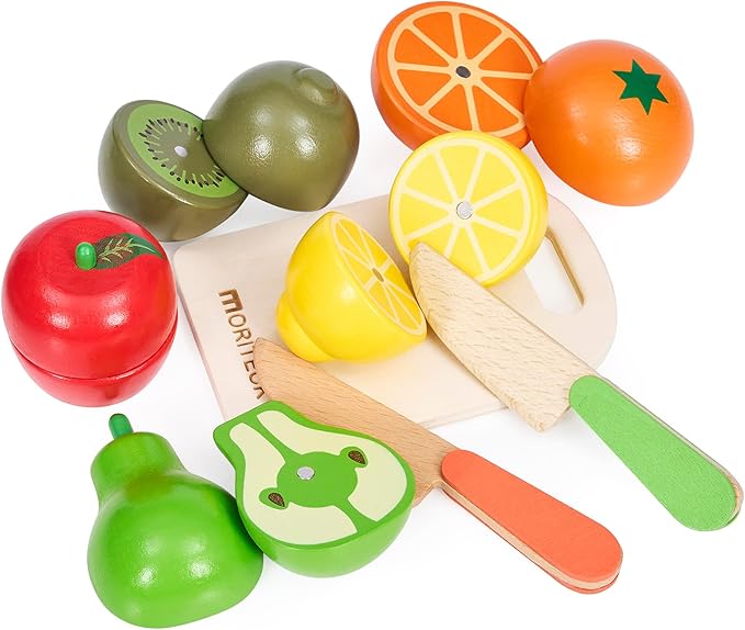 Wooden Play Food Sets for Kids Kitchen Accessories, Realistic Wood Cutting Fruits Toys for 3- Year Old Toddlers, Mini Pretend Play Fake Fruit Birthday Gifts for 3 -6 Years Girls Boys