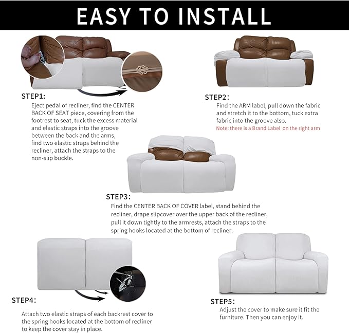 Easy-Going Oversized 6 Pieces Microfiber Stretch Sectional Recliner Loveseat Sofa Slipcover Soft Fitted Fleece 2 Seats Couch Cover Washable Furniture Protector with Elasticity for Kids Pet Snow White