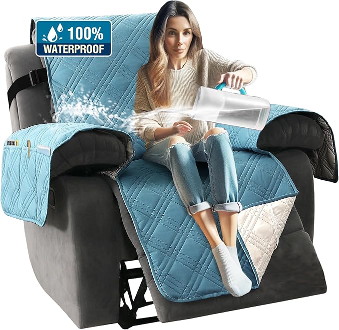 H.VERSAILTEX 100% Waterproof Small Recliner Chairs for Adults Lazy Boy Recliner Chair Covers Furniture Protector with Elastic Straps for Pets Kids Sitting Width Up to 23" (Recliner, Smoke Blue/Beige)