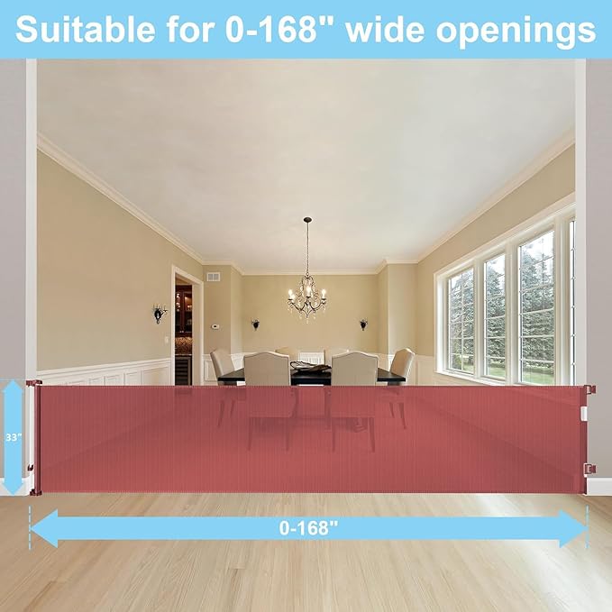 168 Inch Extra Wide Retractable Baby Gate Retractable Dog Gates for Doorways Extra Wide Puppy Gates for The House Mesh Gates for Baby Indoor Extra Long Baby Gate Retractable Fence Outdoor Gate, Timber