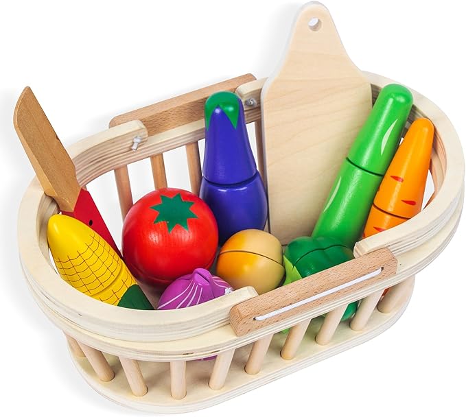 Wooden Cutting Fruits Vegetables Set for Kids, Pretend Play Food Toy Set with Wooden Knife, Tray and Basket for Boys Girls (Vegetable Basket)