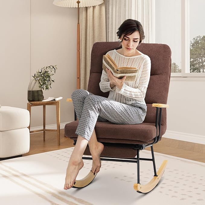 Rocking Chair with Footrest-Glider Rocker Chair with Retractable Footrest and Adjustable Backrest, Teddy Upholstered Rocking Chair, Modern Accent Chair for Living Room/Nursery/Bedroom/Outdoor-Brown