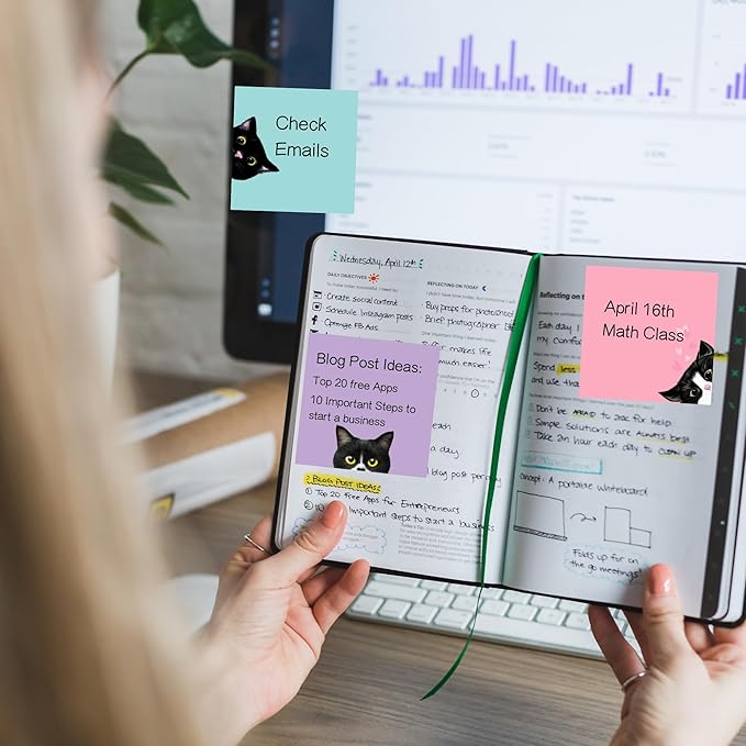 9 Pads Black Cat Sticky Notes Set, Pink Self-Stick Note Pads, Cute Memo Pads Super Adhesive Note Card for Cat Lover Gift, Teacher Office and School Supplies, 3x3in