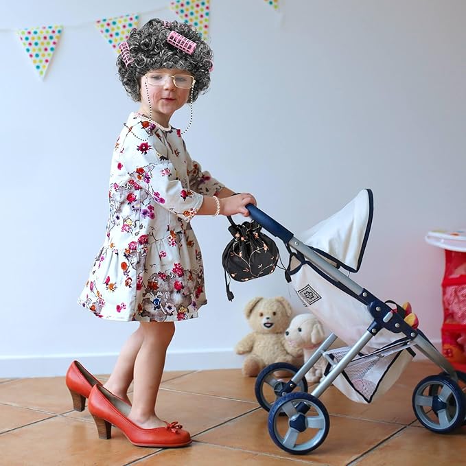 9 PCS 100 Days of School Old Lady Wig Set Include Wig Glasses Necklace Bracelet Glasses Chain Bag Cane and Stickers