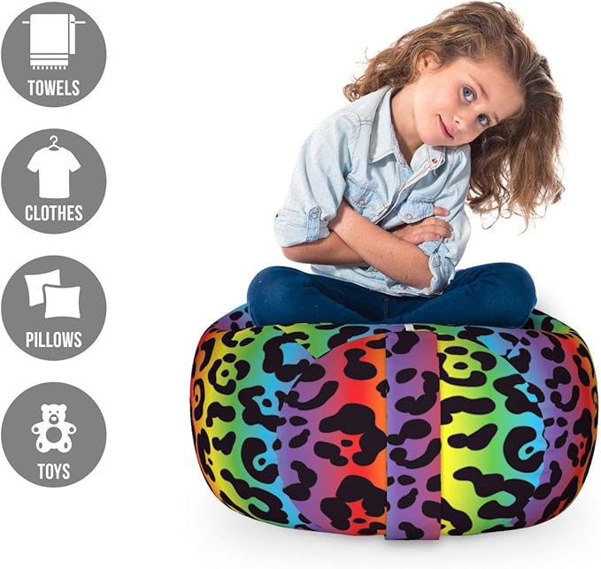 Ambesonne Leopard Print Storage Toy Bag Chair, Modernized Panther Leo Skin Wild Big Cats in Gradient Rainbow Tones Print, Stuffed Animal Organizer Washable Bag, Small Size, Purple
