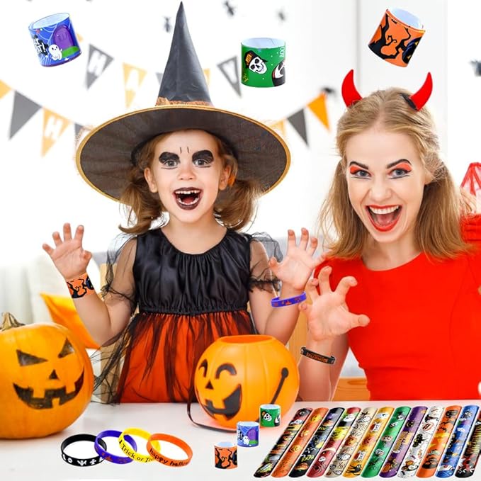 48Pcs Halloween Party Favors Halloween Slap Bracelets Rubber Wristbands Assorted Gifts for Kids - Trick or Treat Toys, Halloween Bag Stuffers Goody Bag Fillers Classroom Prizes