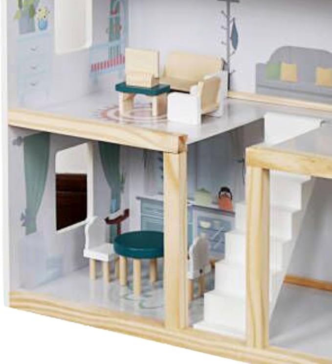 Lil' Jumbl Kids Wooden Dollhouse, 17-Piece Accessories & Furniture are Included, with Balcony & Stairs, 3 Story Easy to Assemble Doll House Toy - Green