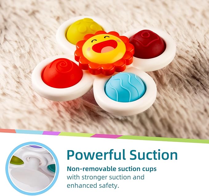 LiKee Strong Suction Cup Fidget Spinnerz Sensory Bath Toys for Baby 12 18 Months Airplane Car Travel Table & Window Toys for 1 2 Year Old Toddler Boys and Girls (Sun)