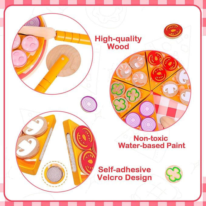Wooden Pizza Toy for Kids, Toddler Play Food Pizza Cutting Set, Pretend Play Food with Toppings Cutter and Spatula Kitchen Accessories Montessori Toys Gifts for Boys Girls Ages 3 4 5 6 Years Old