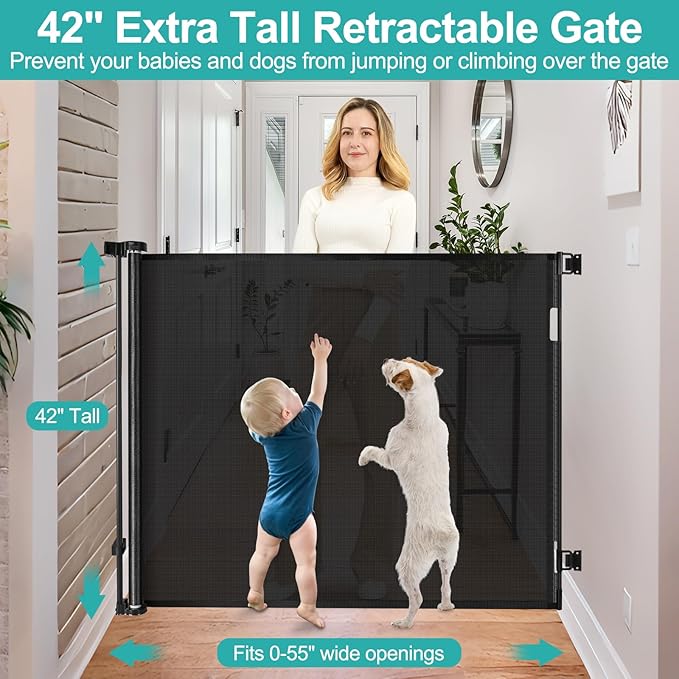 42 Inch Extra Tall Retractable Dog Gate Babies and Dogs Can't Get Under The Gate 55" Wide Retractable Baby Gates Extra Tall Baby Gate for Doorway Extra Tall Pet Gate Extra Tall Dog Gate for The House
