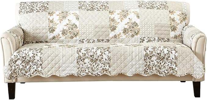 Great Bay Home Patchwork Scalloped Printed Furniture Protector Stain Resistant Sofa Cover (Sofa, Taupe)