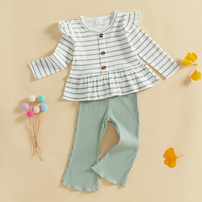 Mubineo Toddler Baby Girl Clothes Cute Ribbed Outfits Knit Long Sleeve Shirt Tops Bell Bottom Pant Fall Winter Outfit