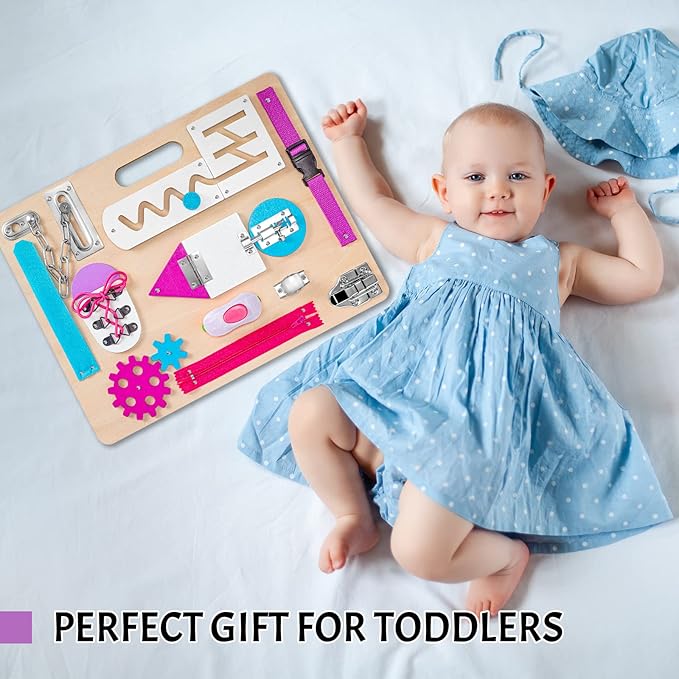 Toddler Montessori Busy Board with LED Light, Montessori Toys for Kids 1 2 3 Year Old, Baby Sensory Board with Light Switches, Preschool Learning Activity, Wooden Travel Toys, Christmas Birthday Gift