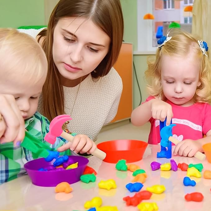2 Pack Wooden Hammer Toys Simulation Hammers Maintenance Tools Educational Toys for Kids Birthday Party Games Supplies (Blue + Rose Red)