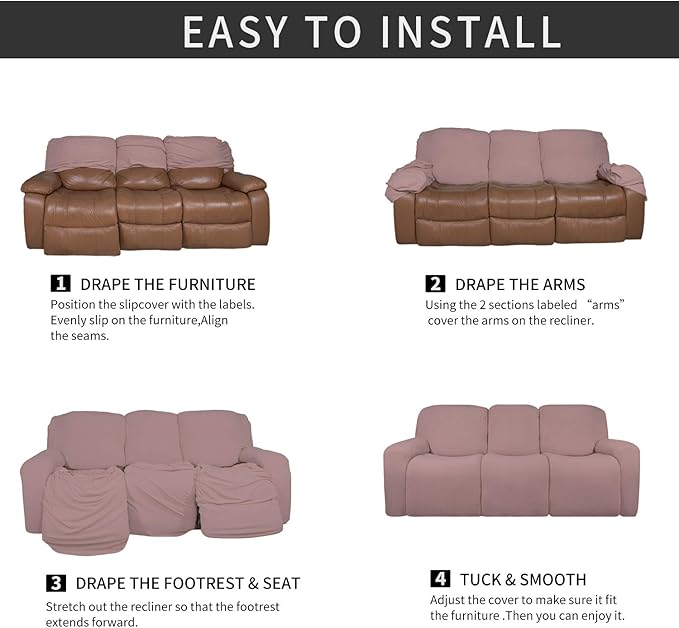 Easy-Going 8 Pieces Microfiber Stretch Sectional Recliner Sofa Slipcover Soft Fitted Fleece 3 Seats Couch Cover Washable Furniture Protector with Elasticity for Kids Pet(Recliner Sofa, Pink)