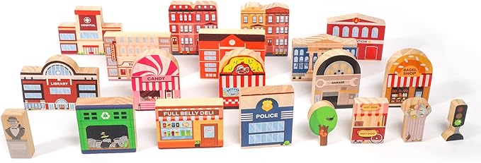 20 Pc Wooden City Play Set - Wooden Town Buildings and Street Signs for Play Mats, Toy Cars and Trains - Educational Preschool Track Accessories - Community Helpers Stacking Blocks Learning Toddler
