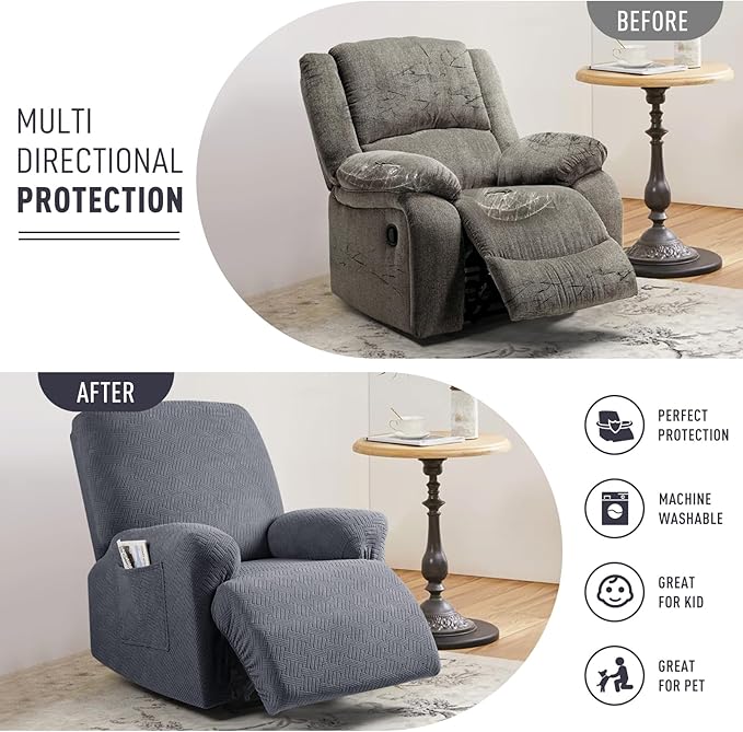 KinCam Recliner Covers, Stretch Reclining Chair Covers, Recliner Sofa Slipcovers Stripe Jacquard Recliner Couch Covers Furniture Protector Covers for Pet Kid (1 XL Seater, Dark Gray)