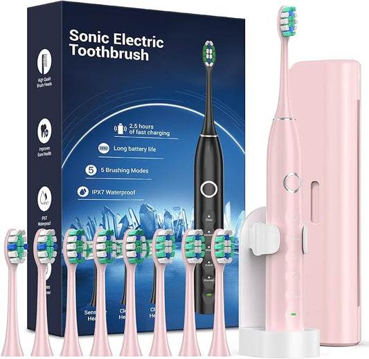 Rtauys S5 Upgraded Sonic Electric Toothbrush for Adults with 8 Brush Heads, IPX7 Travel Electric Toothbrush with Travel Case, 2.5 Hours Charge for 120 Days, 5 Modes with Built-in Smart Timer Pink