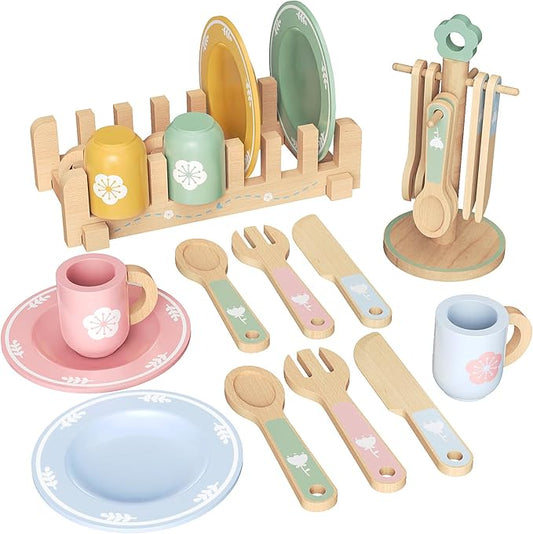 20 PCS Kitchen Playset with Wooden Toy Plates and Dishes, Montessori Kitchen Toys for Girls and Boys, Wooden Play Kitchen Accessories for Kids Toddlers Aged 3 and up