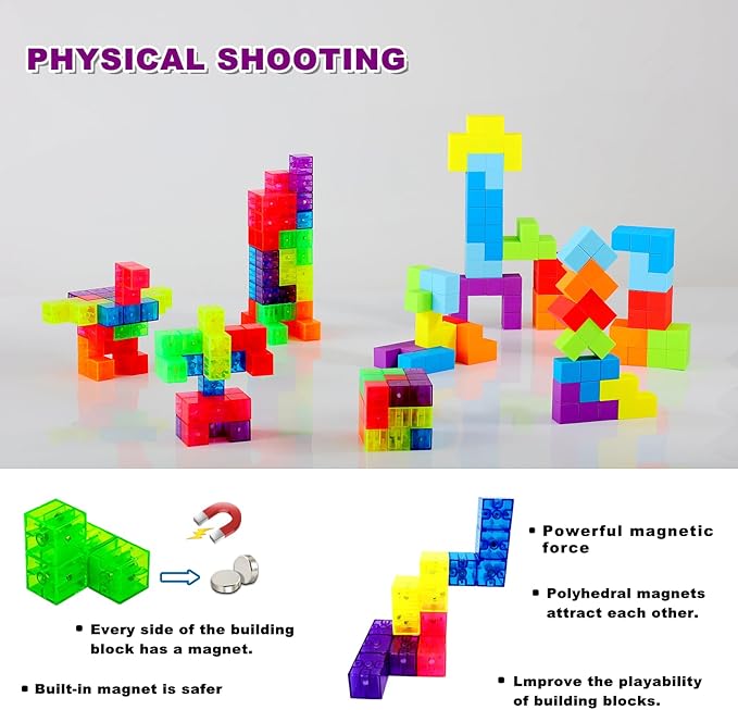 Magnetic Building Blocks Magic Magnetic 3D Puzzle Cubes, Set of 7 Multi Shapes Magnetic Blocks with 54 Guide Cards,Parent-Child Interactive Children's Educational Toys (7color)