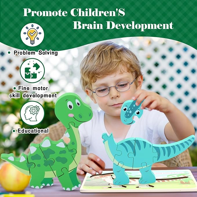 3 Pack Dinosaur Wooden Puzzles for Toddlers,Montessori Toys Dinosaur Puzzle for Kid 3 Year Old,Preschool Educational Learning Colorful Toys Gifts