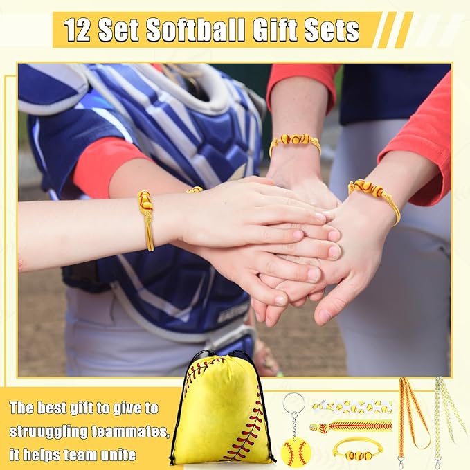 Abbylike 60 Pcs Softball Party Favors Set Softball Gifts for Girls 12 Softball Drawstring Bags 12 Softball Hair Ties 12 Softball Bracelets 12 Lanyards 12 Keychains for Sports Team Party Supplies