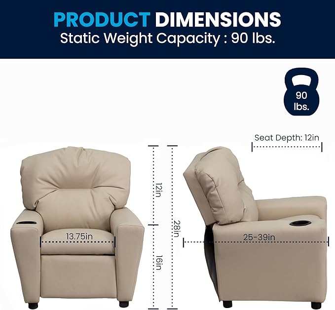 Flash Furniture Chandler Vinyl Kids Recliner with Cup Holder and Safety Recline, Contemporary Reclining Chair for Kids, Supports up to 90 lbs., Beige