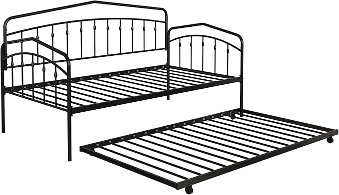 Christopher Knight Home Fox Twin Daybed with Trundle, Metal Sofa Bed Set, Rollaway Daybed Couch Bed Frame for Bedroom Living Room Guest Room, Elegant and Simple Style, Anti-Noise, Easy Assembly, Black