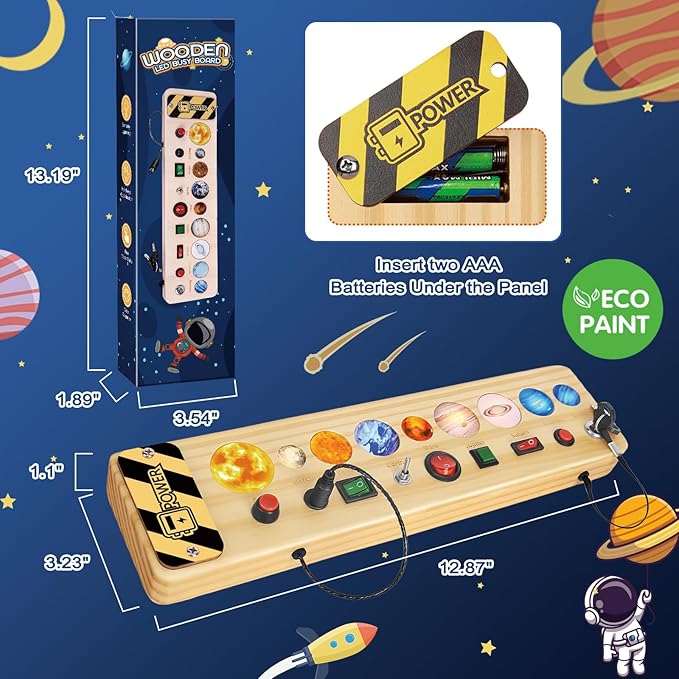 Solar System Busy Board Montessori Toys for Toddler, Wooden Sensory Board Switch Space Toy LED Light Up Travel Toys Educational Plane Travel Activity for Year Old Girls & Boys Gifts