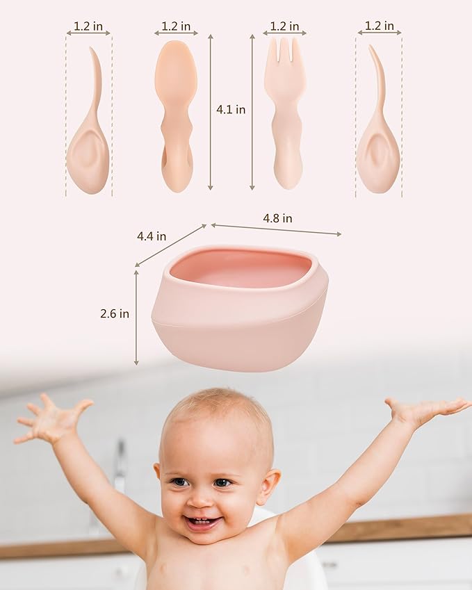 Toddler Utensils Set Ergonomic Fork and Spoon and Bowl Set Non-Slip Design for baby 12+ Month Self-Feeding Olds BPA Free Silicone Microwave and Dishwasher Safe Fine Motor Skills (Pink)