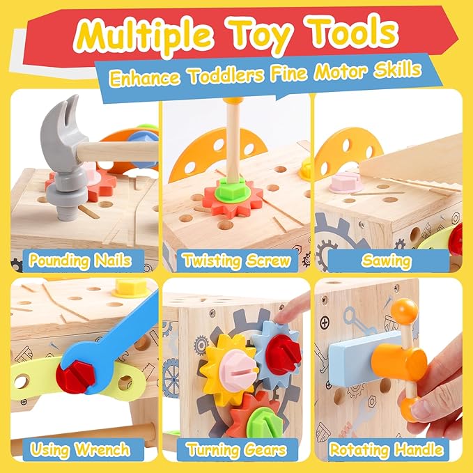 Kids Tool Set, Wooden Toddler Tools Bench Toys for 2 3 Year Old Boys Girls, Montessori Toys for Ages 2-4 STEM Educational Construction Toys for 3 4 5 Year Old Birthday Gift for Toddlers (52 PCS)