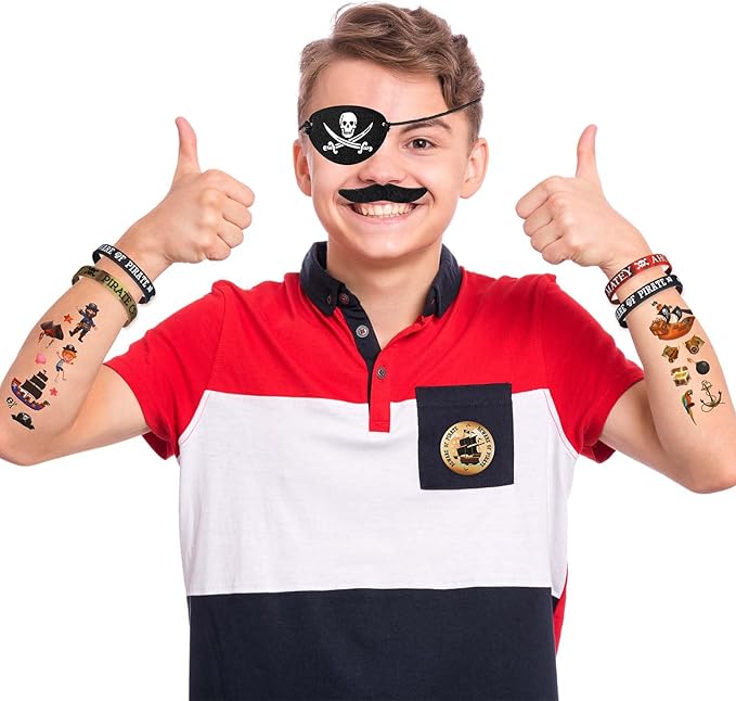 144 Pcs Pirate Party Favors Supplies Include Pirate Bracelet Nautical Tattoo Button Pin Eye Patch Gold Coin Gem Ring Mustache Organza Bag for Kids Boy Pirate Birthday Party Goodie Bag Fillers