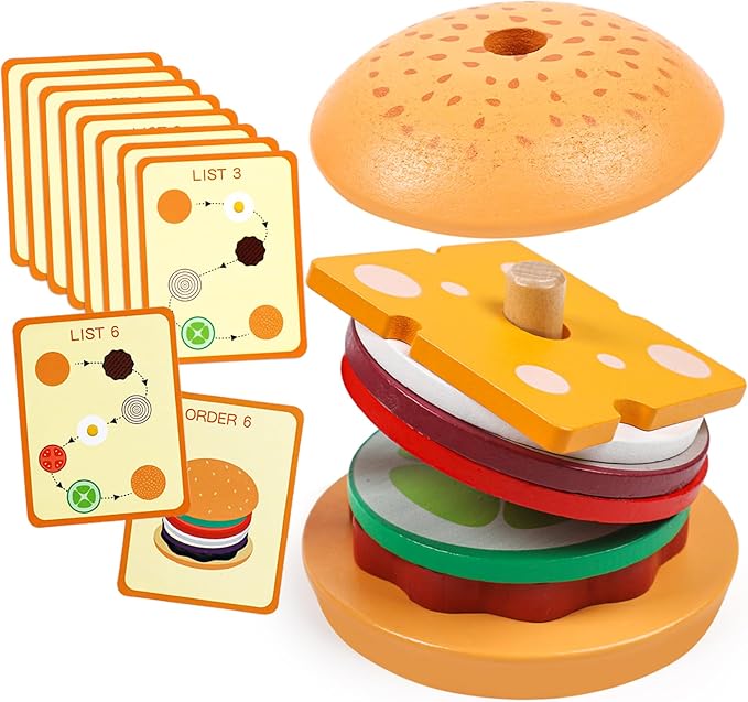 Kizh Wooden Burger Sorting Stacking Toys for Toddlers Preschool Montessori Educational Toys Fine Motor Toys for Kids Boys Girls