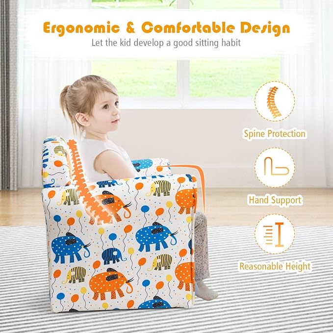 Costzon Kids Couch, Children's Sofa Armrest Chair with Pattern, Toddler Furniture w/Sturdy Wood Construction, Preschool, Lightweight Kids Couch Sofa Chair for Aged 1-5 Boys & Girls Gifts, Elephant
