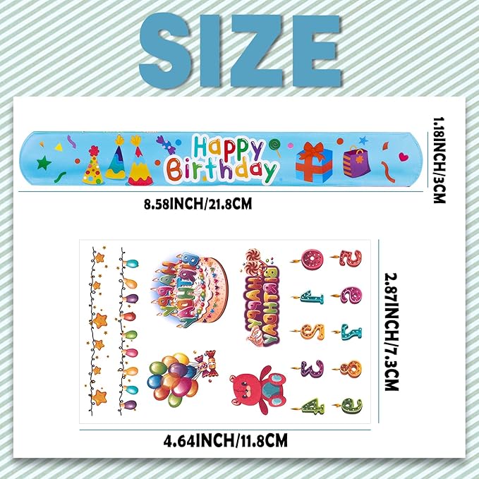30pcs Happy Birthday Slap Bracelets with 10pcs Tattoo Stickers for Kids Birthday Party Favors Classroom School Favors Prizes Exchanging Favors