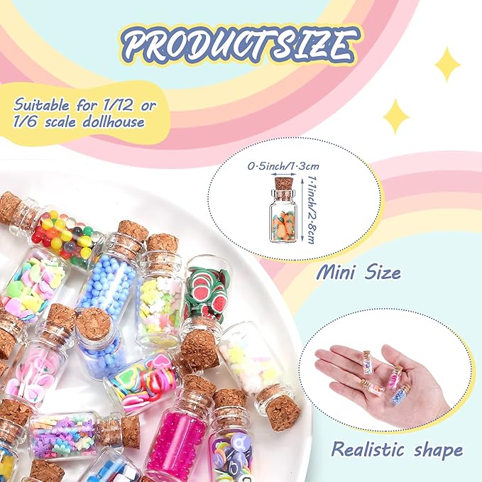 70 Pieces Cute Miniature Dollhouse Food Jar Glass Bottle 1:12 Pretend Play Doll House Kitchen Decoration 1:6 Fruit Candy Snack Mold Mini Kitchen Food Model Dollhouse Accessories for Girls Kids Boys