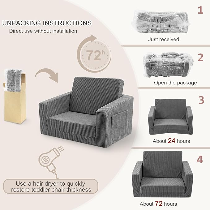 Toddle & Kids Chair,2-in-1 Soft Toddler Couches That Fold Out,Toddler Chairs Comfy 1-3 Years Old,Convertible Sofa to Lounge,Grey