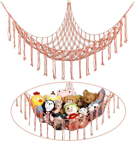 Boho Stuffed Animals Net or Hammock Large,55 inch Toy Hammock Macrame Stuff Animal Storage Corner Hanging Net Holder,Mesh Hammock Plush Toy Organizer with Hooks for Bedroom,Nursery (Deep Pink)