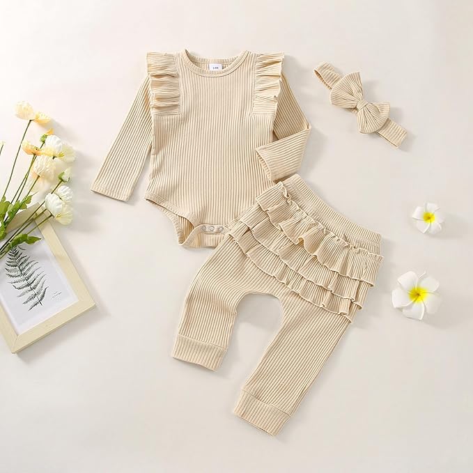 Baby Girl Clothes Newborn Infant Fall Winter Outifts Ribbed Ruffle Long Sleeve Romper Pant Outfit Set 3pcs 0-18Months