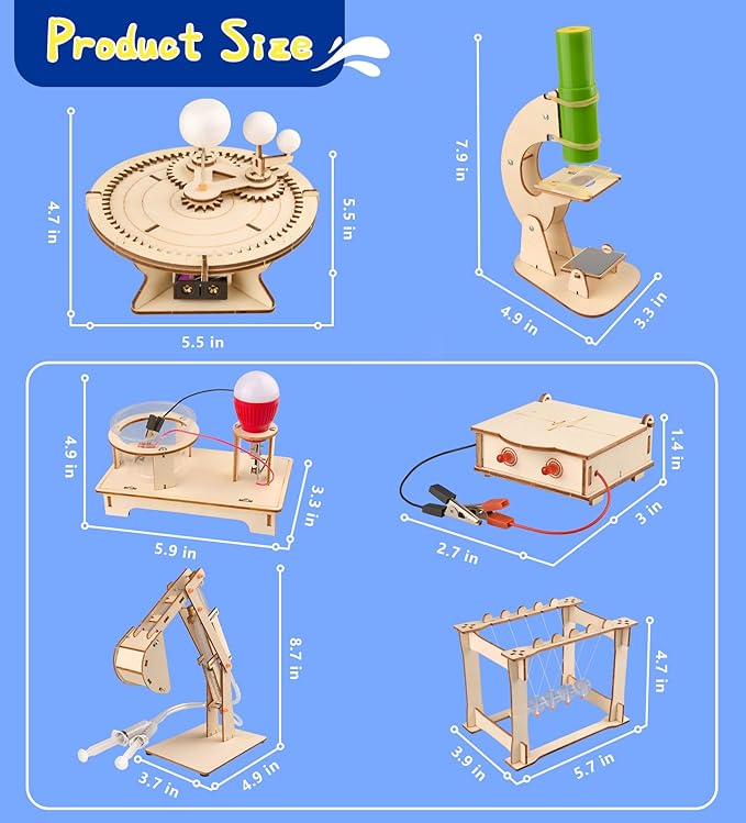6-in-1 STEM Science Kits for Kids, STEM Kits for Kids Ages 8-10, STEM Engineering Toys for Boys and Girls, Wooden Building Crafts Kits Science Experiment Projects for Kids Birthday Gifts for Age 8-12