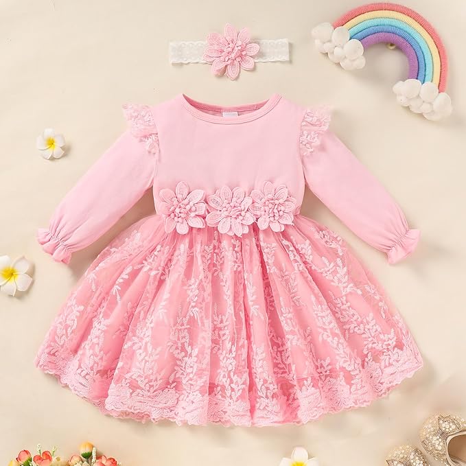 Baby Girl Dress Ruffle Sleeve Toddler Girl Dresses Infant Girls Long Sleeve Fall Winter Clothes Flower Tulle Dress