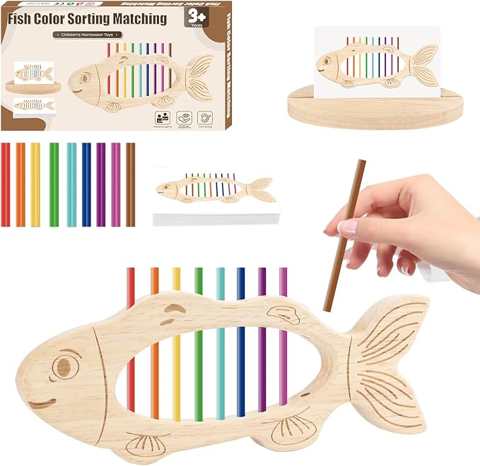 Color Sorting Toys for 3+ Years Old Kids Wooden Fish Shape Montessori Toys Stacking Matching Game Fine Motor Skills for 3 4 5 Toddlers Boys Girls Gift Educational Travel Learning Sensory Color Sorters