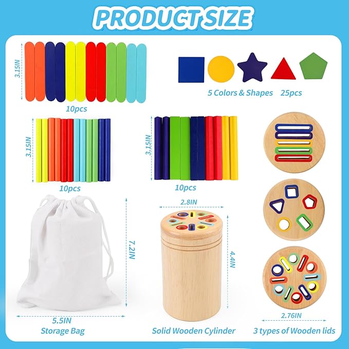 3-in-1 Montessori Wooden Toys for Toddlers 1-3 | Color Sorting & Fine Motor Skills Learning | Sensory Fidget Gifts for Boys & Girls | Educational Play for Ages 1+