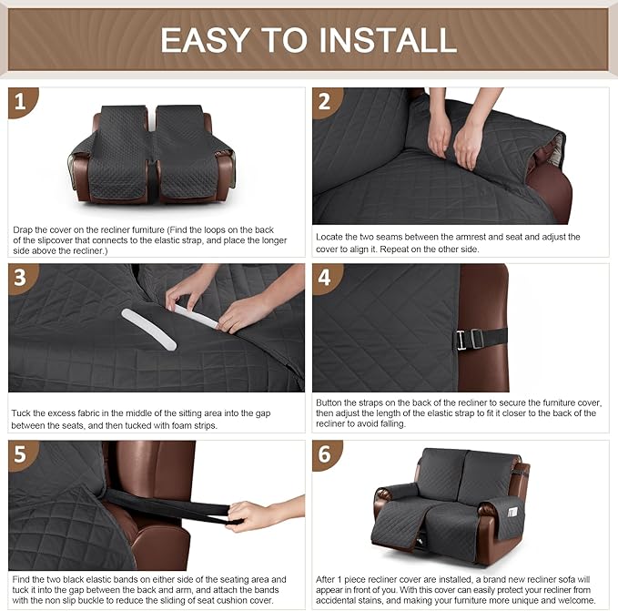 KinCam Waterproof Loveseat Recliner Cover, Non-Slip Reclining Couch Covers for 2 Seat, Recliner Sofa Cover Furniture Protector with Elastic Straps for Kids, Pets, Charcoal Gray