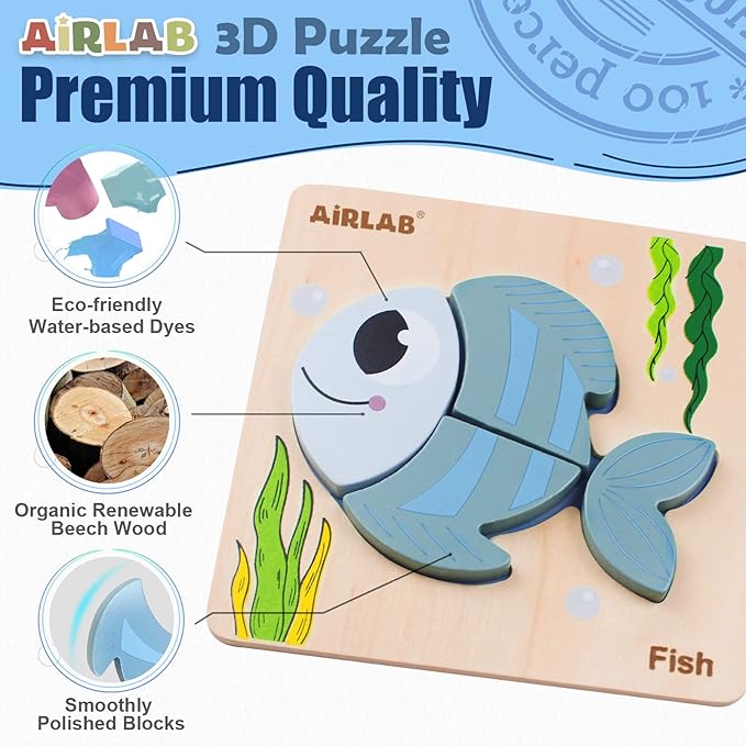 Wooden Puzzles for Toddlers Ocean Animals Montessori Toys Year Old Baby Girl Boy Gifts Educational Learning Bright Color Chunky Shape Puzzle Pack of 4