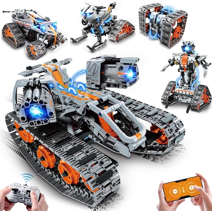 5-in-1 Building Toys with LED Light, APP & Remote Controll Building Block Set, 604 PCS RC Tech Rechargeable Tank Robot Sleigh Tracked Racer Toy, Gift for Kids Boys Girls Ages 6 7 8 9 10 11 12+