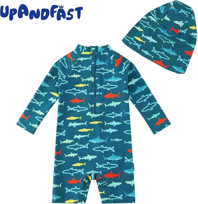 upandfast Baby/Toddler Swimsuit UPF 50+ Sun Protection One Piece Zipper Bathing Suit with Sun Hat Infant Beach Swimwear