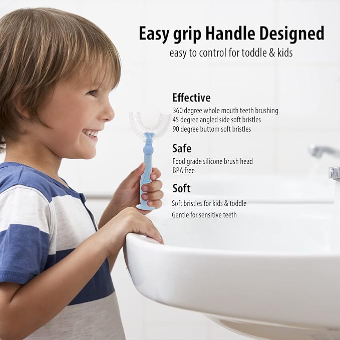 Kids Toothbrushes U Shaped with 3 PCS Soft Food Grade Silicone Heads for Toddler,Childrens, Full Mouth Tooth Brush for Age 2-6 Years Blue